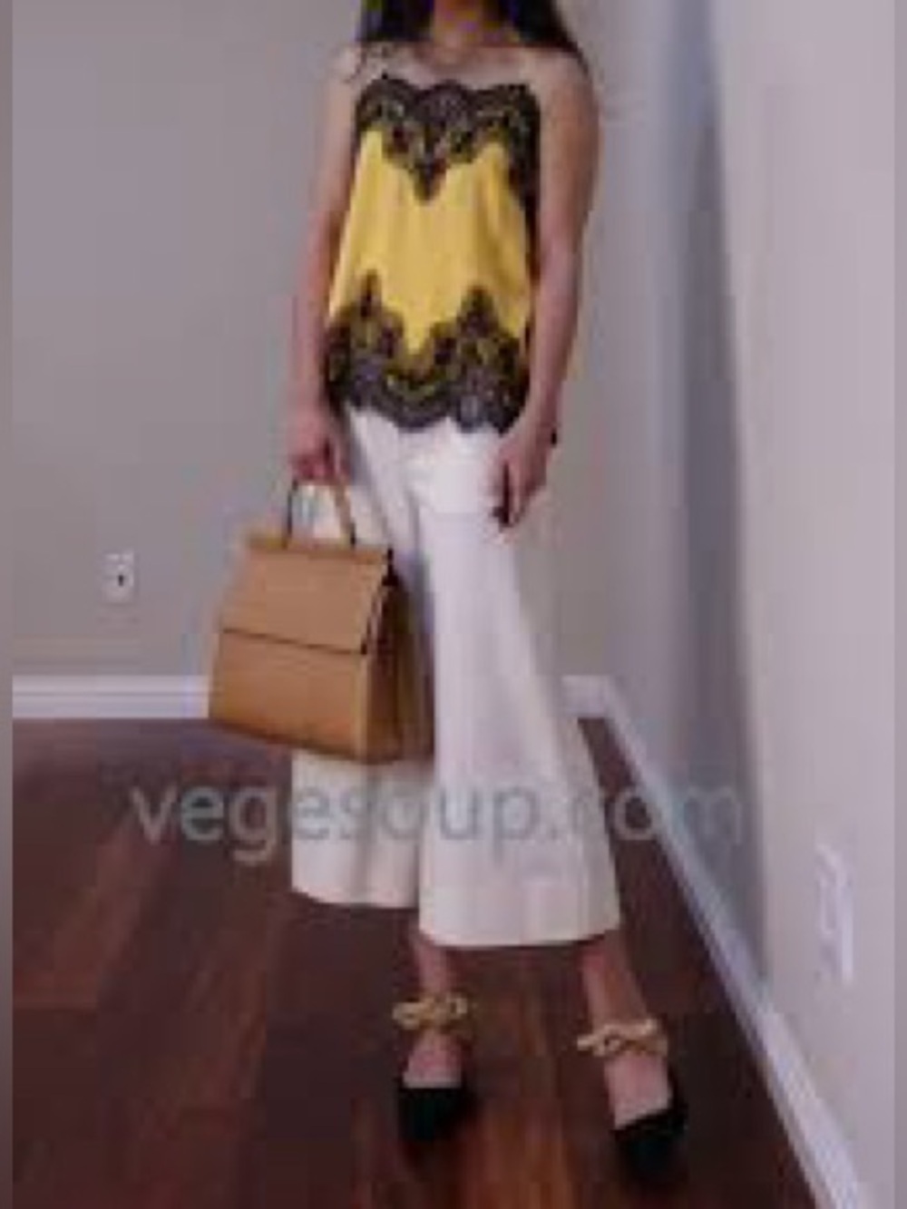 Alice + Olivia Bright Yellow Silk Cami with Black Lace Sz-XS